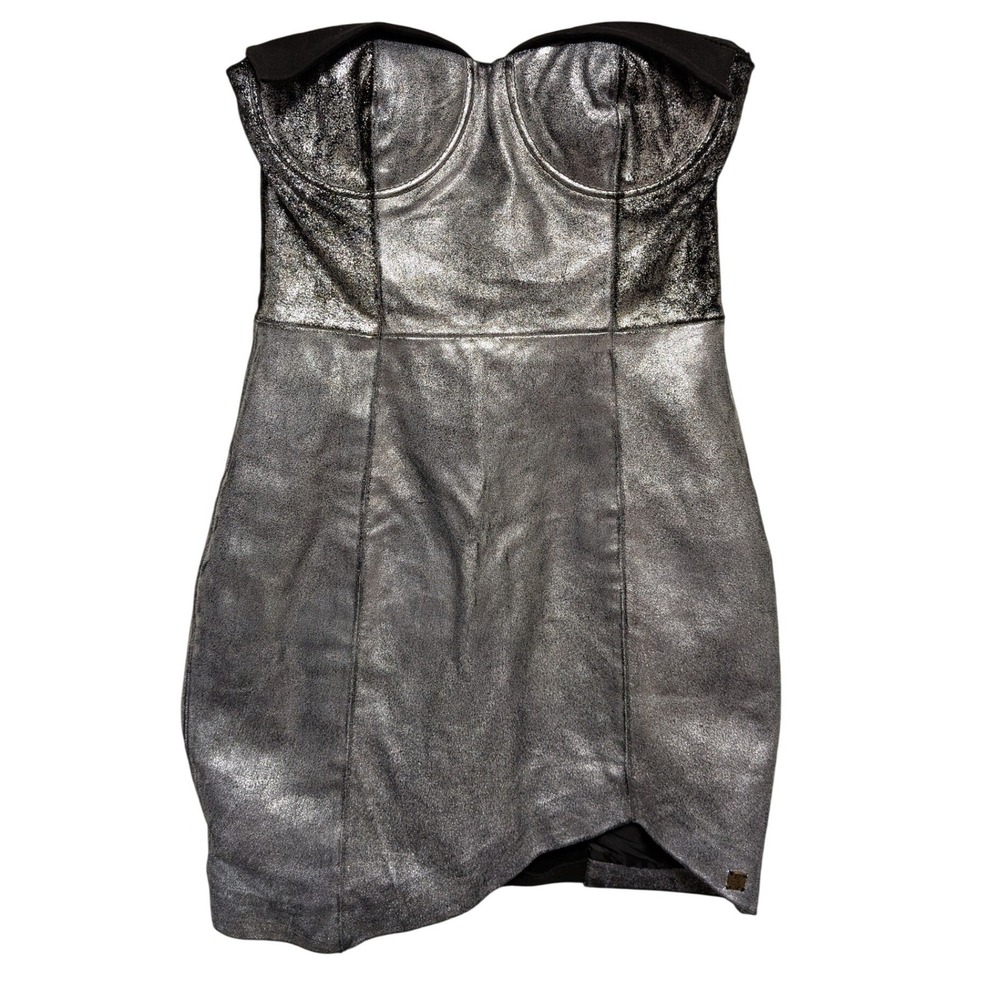 One Teaspoon Mini Dress XS Silver Cow Leather Metallic Bustier Bodycon Edgy